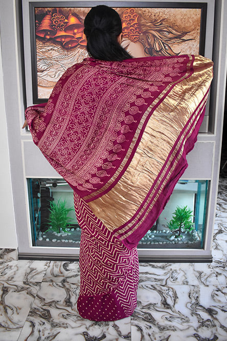 Purple Zigzag Modal Silk Saree With Lakripatta