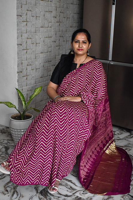 Purple Zigzag Modal Silk Saree With Lakripatta