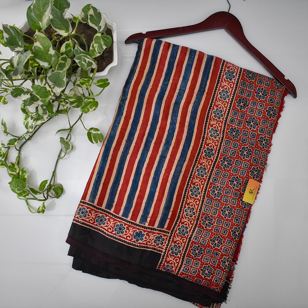 Red Blue Stripes Modal Silk Saree