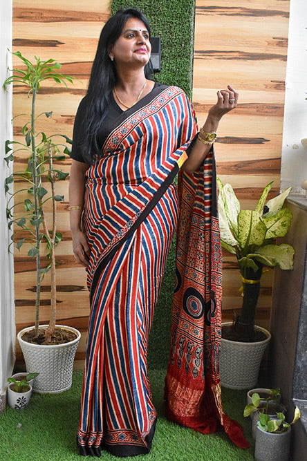 Red Blue Stripes Modal Silk Saree