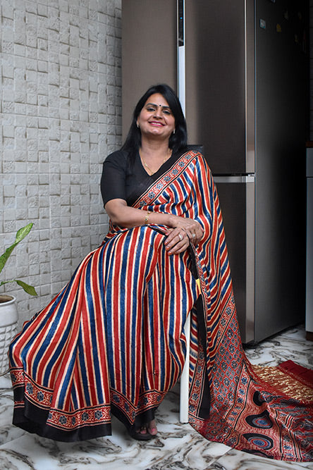 Red Blue Stripes Modal Silk Saree