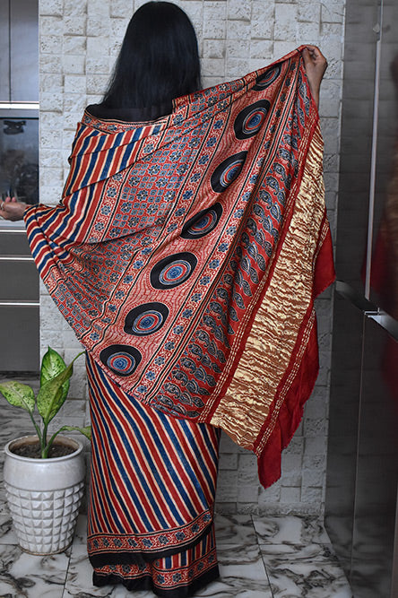 Red Blue Stripes Modal Silk Saree