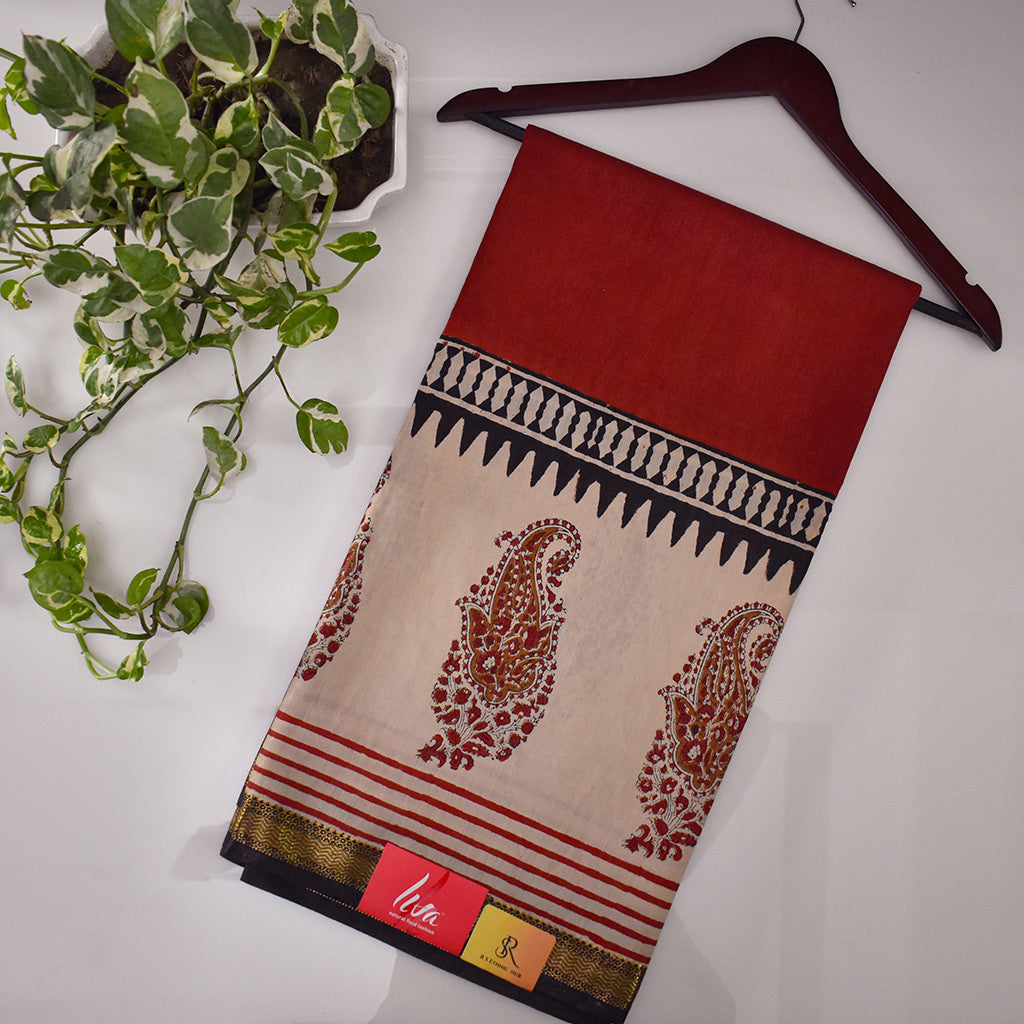 Red Cotton Saree With Beautiful Block Print Border