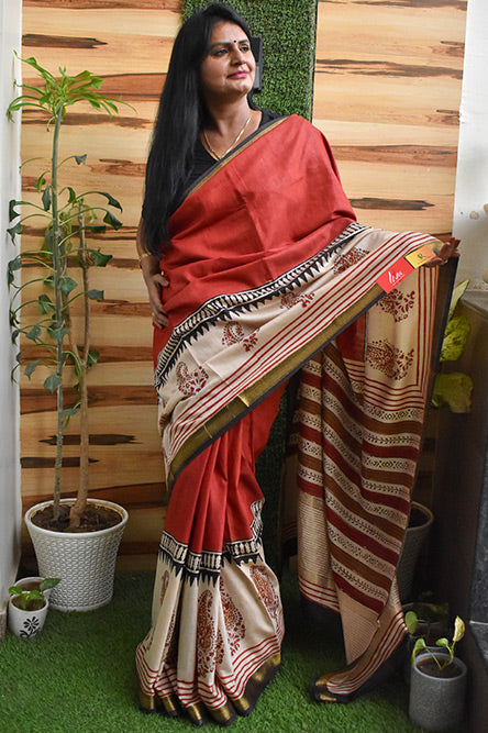 Red Cotton Saree With Beautiful Block Print Border