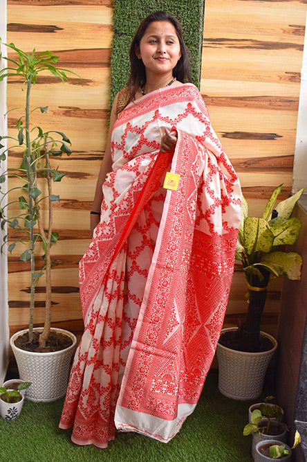 White And Red Cotton Jamdani Saree