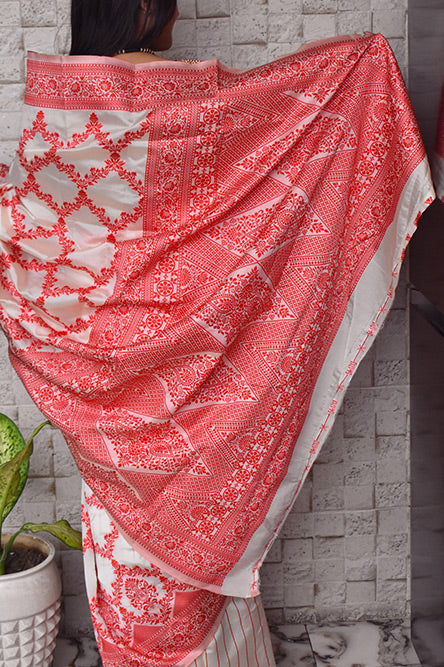 White And Red Cotton Jamdani Saree