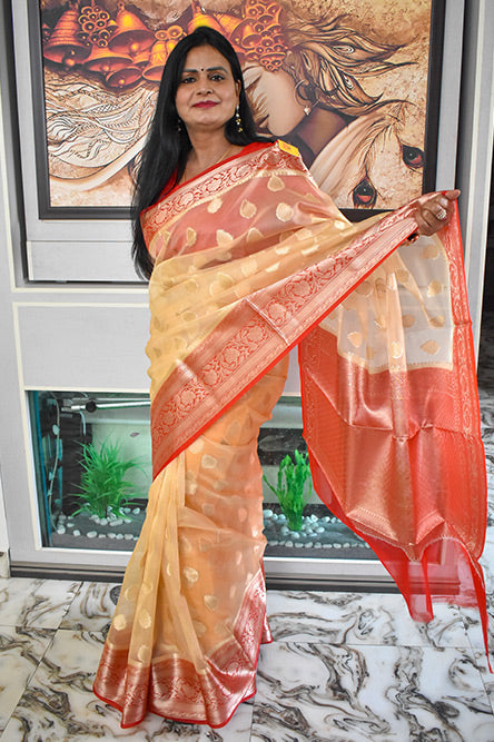 White And Red Kora Organza Saree