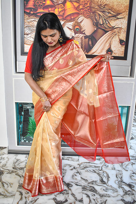 White And Red Kora Organza Saree