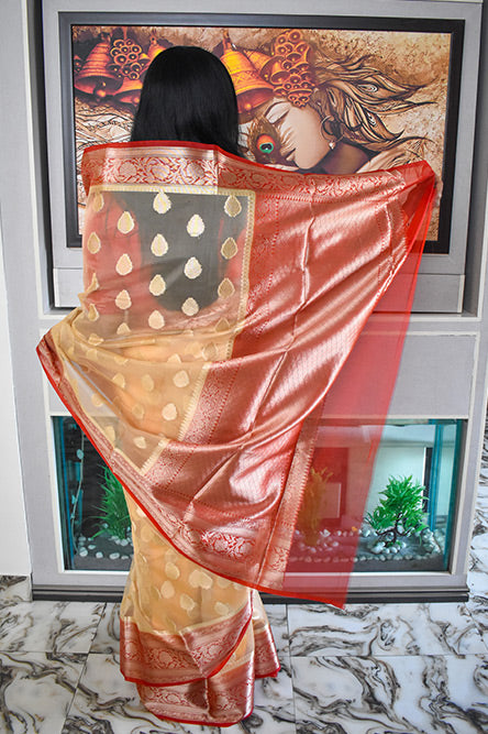 White And Red Kora Organza Saree