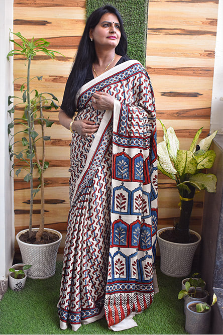 White modal silk ajrakh print saree with rajwada print pallu