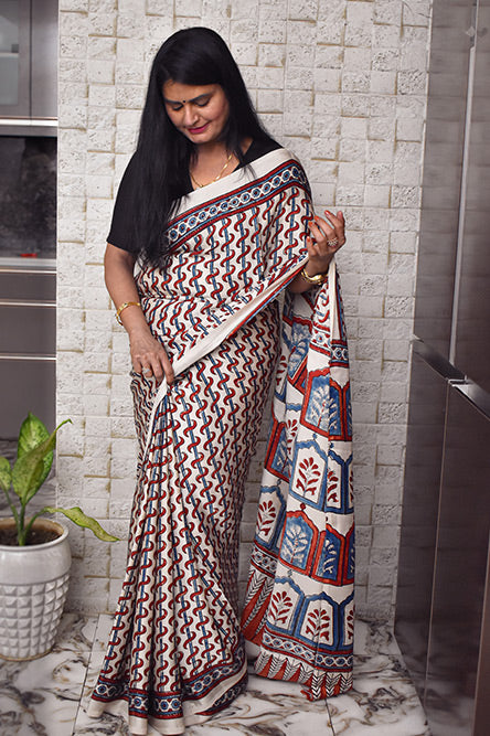 White modal silk ajrakh print saree with rajwada print pallu
