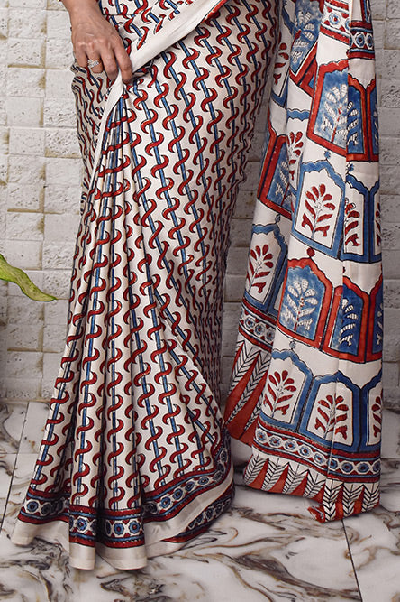 White modal silk ajrakh print saree with rajwada print pallu