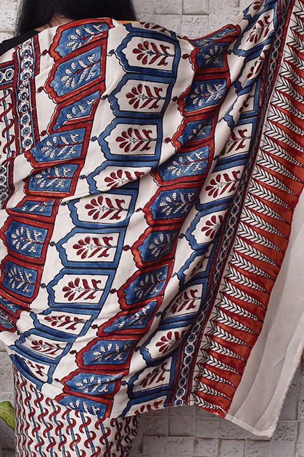 White modal silk ajrakh print saree with rajwada print pallu
