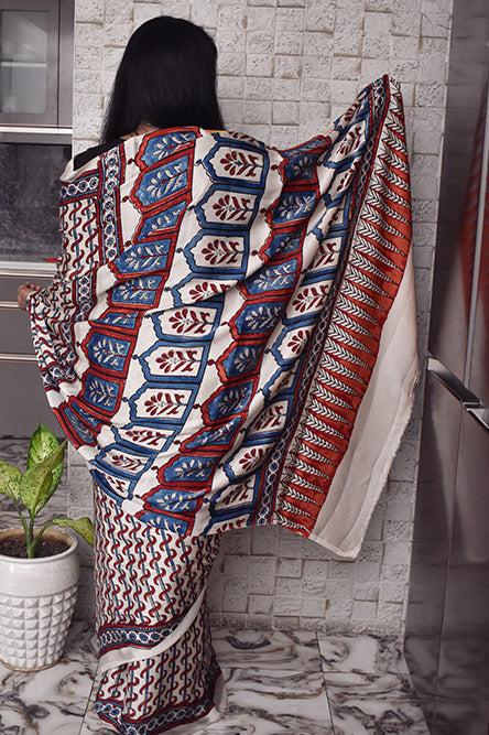 White modal silk ajrakh print saree with rajwada print pallu