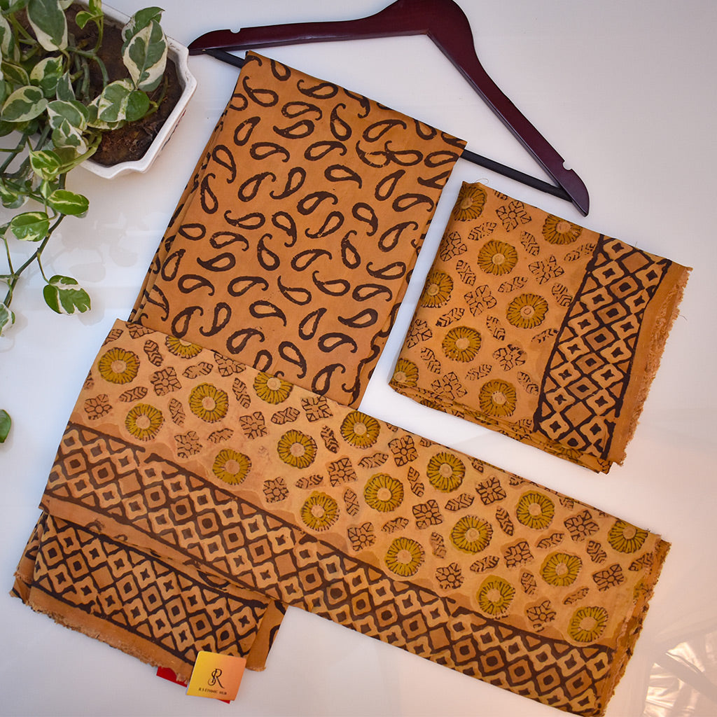 Yellow modal cotton suit with aam butti handblock print
