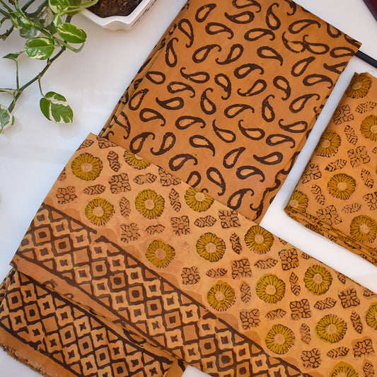 Yellow modal cotton suit with aam butti handblock print