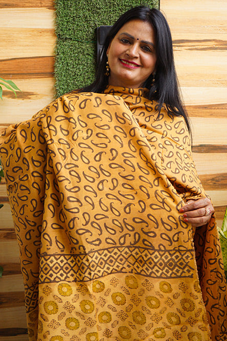Yellow modal cotton suit with aam butti handblock print