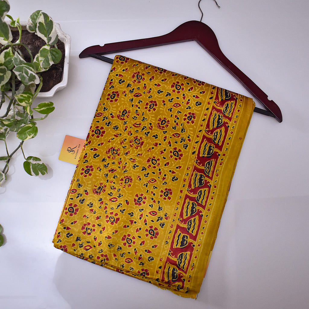 Yellow modal silk ajrakh blackprint saree