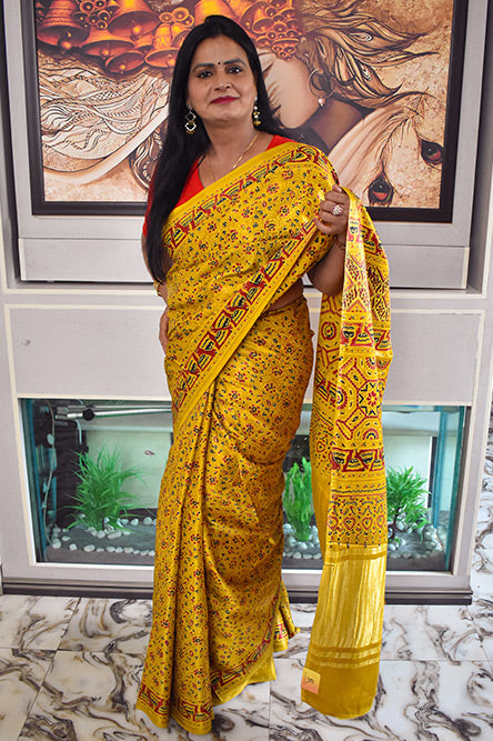 Yellow modal silk ajrakh blackprint saree