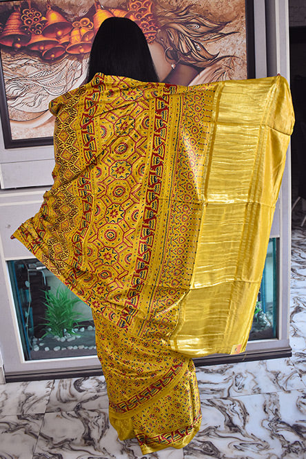Yellow modal silk ajrakh blackprint saree