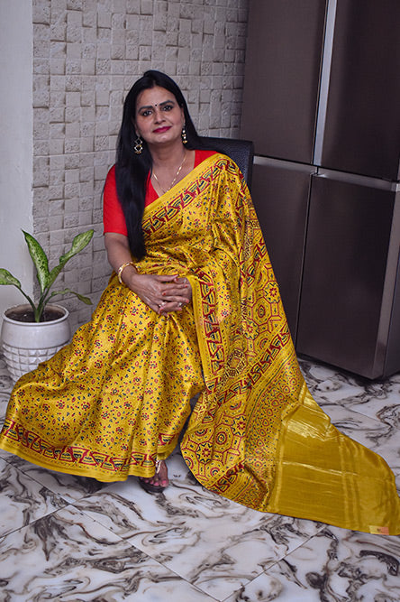 Yellow modal silk ajrakh blackprint saree