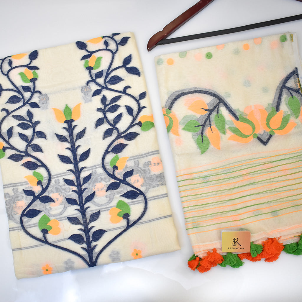 White Cotton Jamdani With Blue yellow and green Embroidery