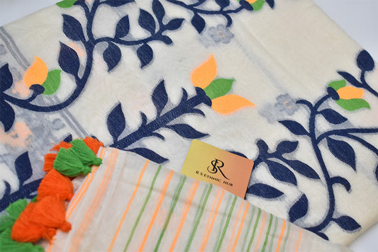White Cotton Jamdani With Blue yellow and green Embroidery