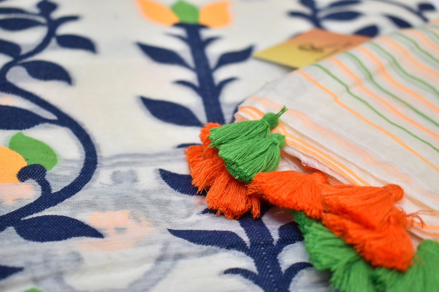 White Cotton Jamdani With Blue yellow and green Embroidery