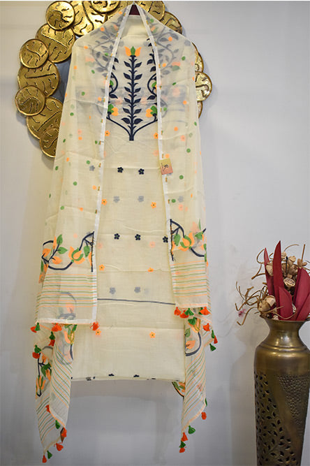 White Cotton Jamdani With Blue yellow and green Embroidery