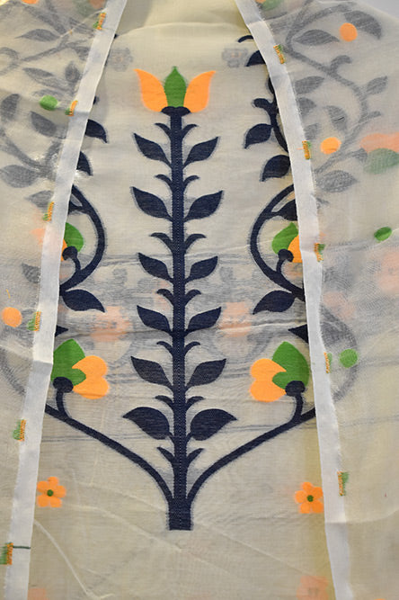 White Cotton Jamdani With Blue yellow and green Embroidery