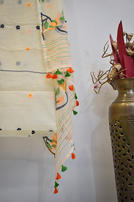 White Cotton Jamdani With Blue yellow and green Embroidery