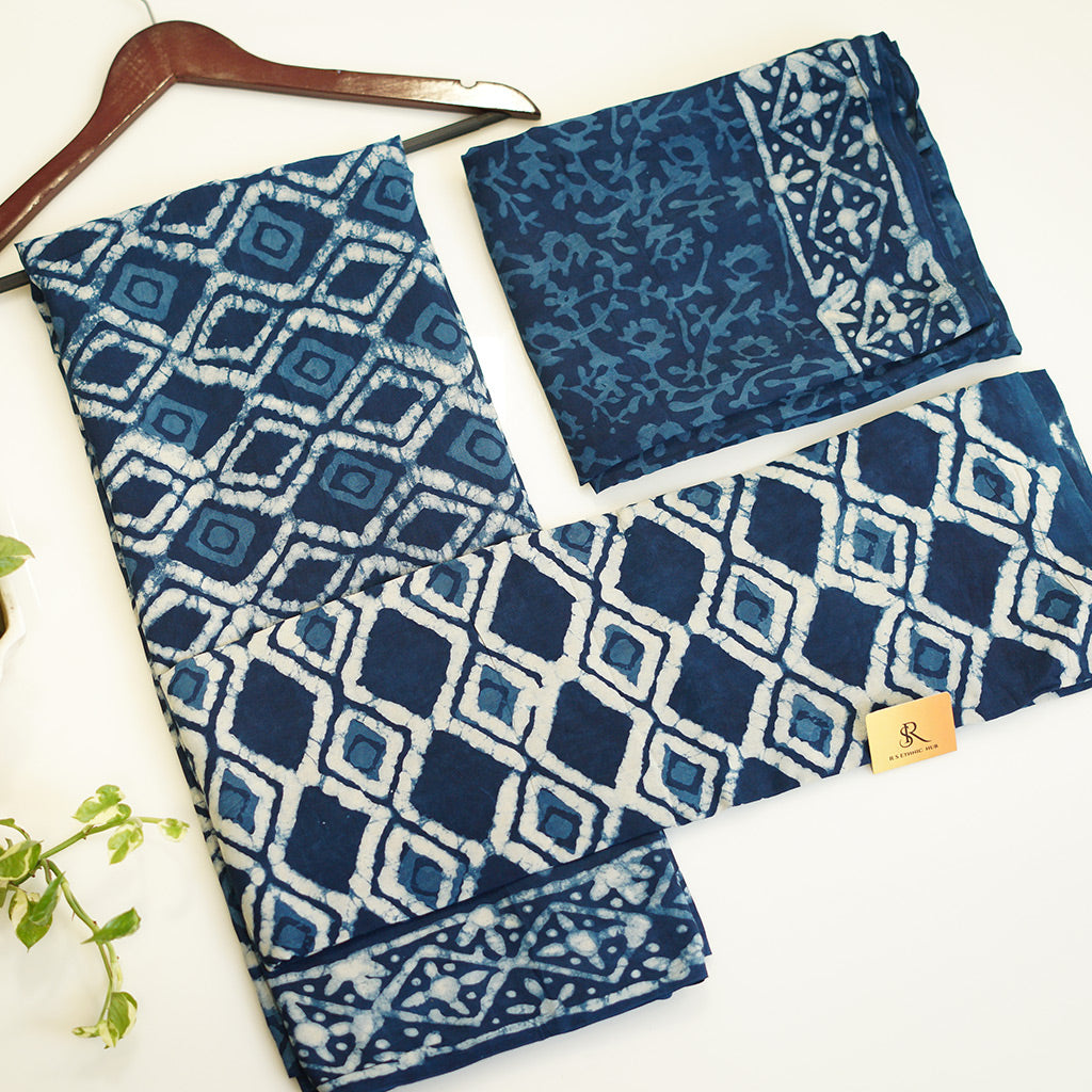 Indigo blue handblock print cotton suit