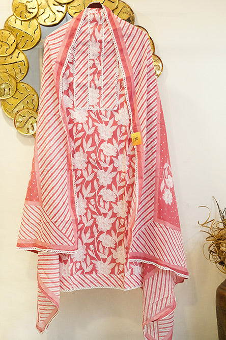 Pink and White Cotton Suit With Dotted Cotton Dupatta