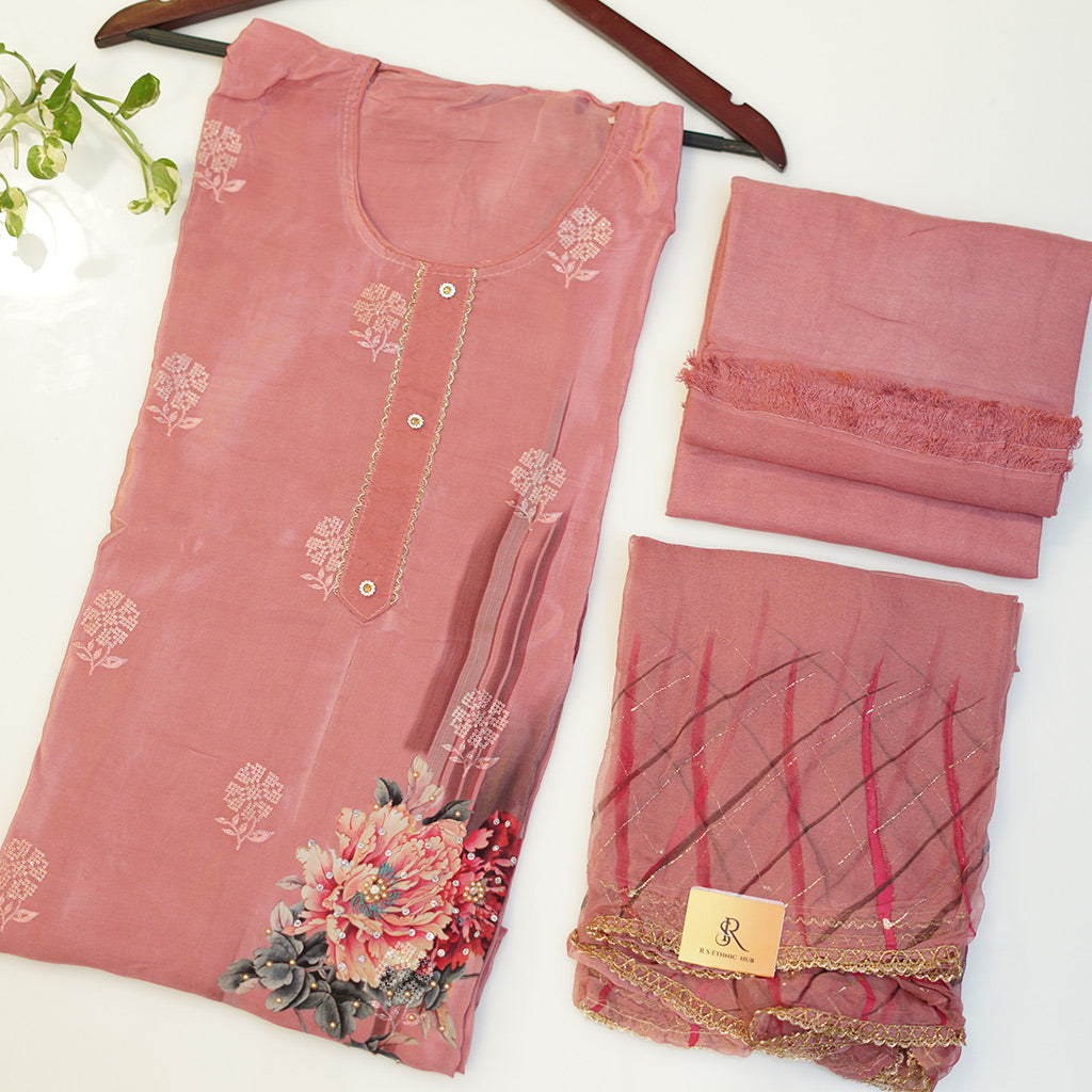 Pinkish purple Crepe Suit with Printed Floral Dupatta