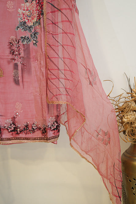 Pinkish purple Crepe Suit with Printed Floral Dupatta