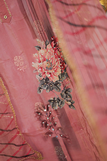 Pinkish purple Crepe Suit with Printed Floral Dupatta