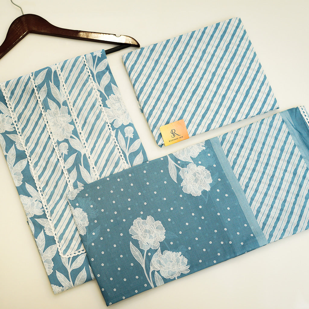 Blue and White Cotton Suit With Dotted Cotton Dupatta