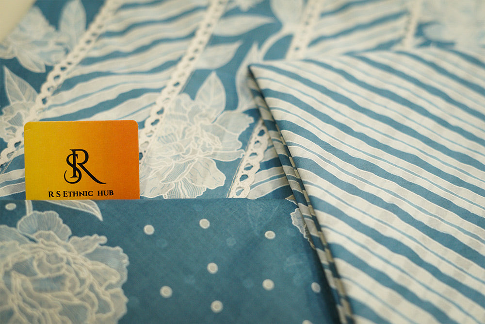 Blue and White Cotton Suit With Dotted Cotton Dupatta
