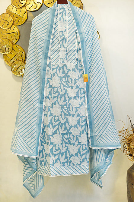 Blue and White Cotton Suit With Dotted Cotton Dupatta