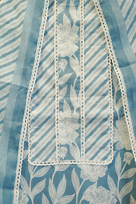 Blue and White Cotton Suit With Dotted Cotton Dupatta