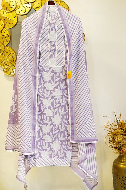 Purple and White Cotton Suit With Dotted Cotton Dupatta
