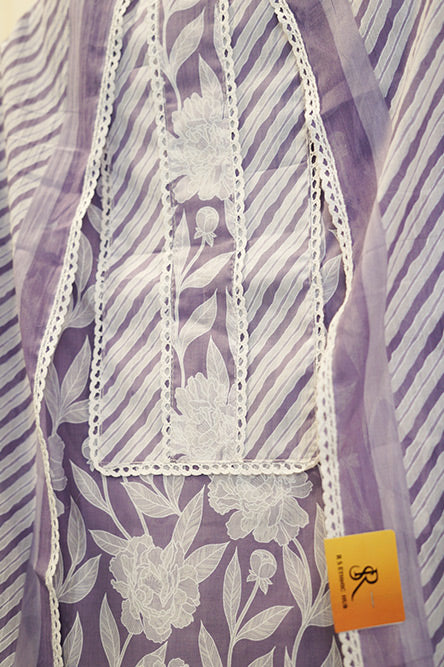 Purple and White Cotton Suit With Dotted Cotton Dupatta