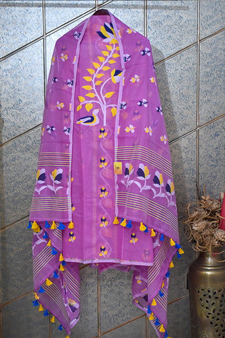 JAMDANI pink jamdani cotton suit with yellow and blue embroidery