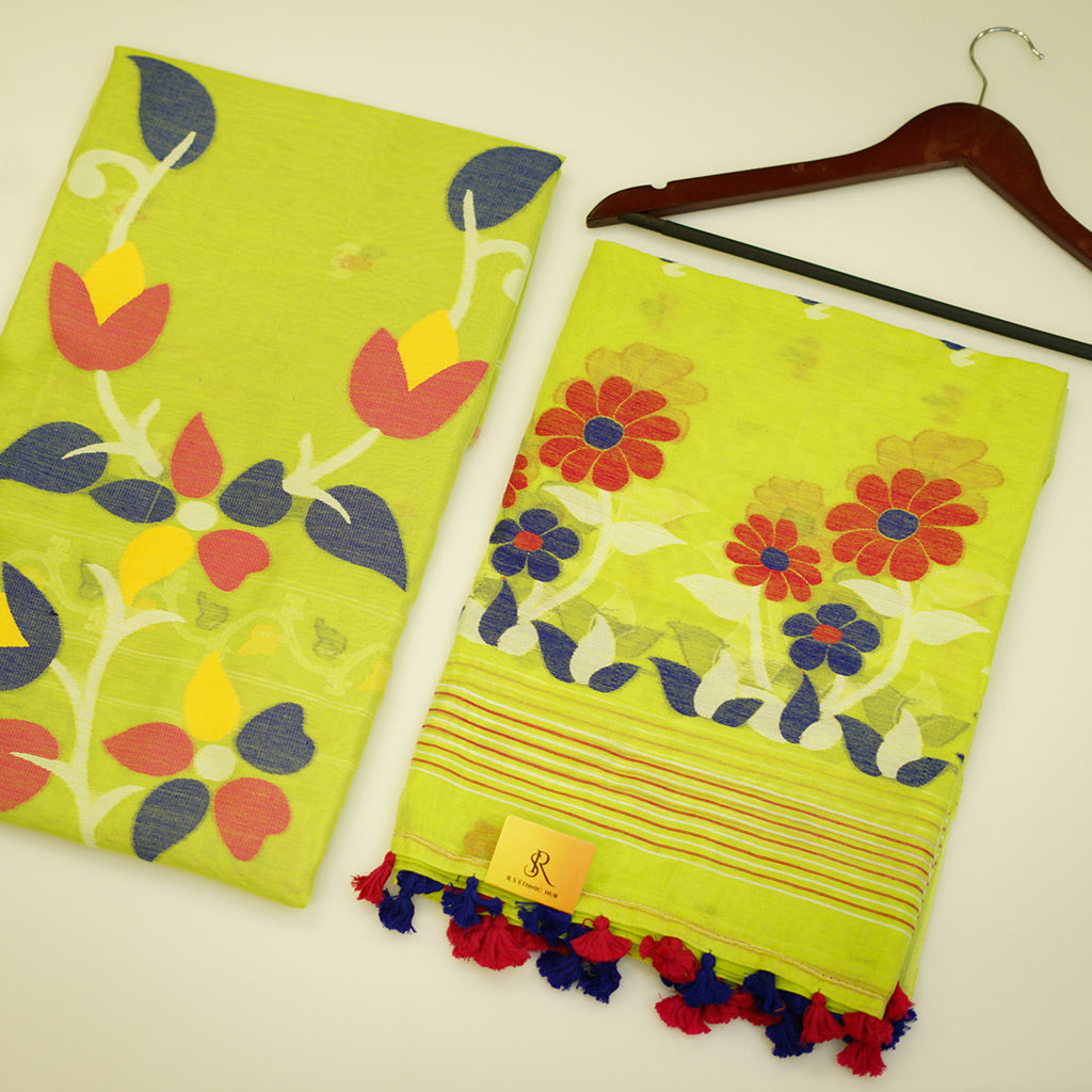 Neon Yellow Jamdani With Flower Embroidery