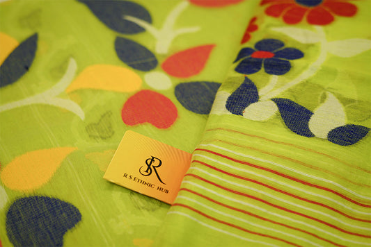 Neon Yellow Jamdani With Flower Embroidery