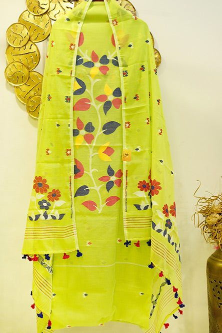 Neon Yellow Jamdani With Flower Embroidery