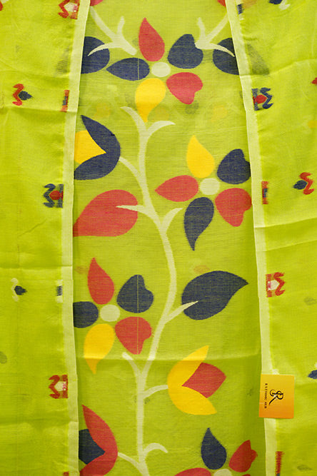 Neon Yellow Jamdani With Flower Embroidery