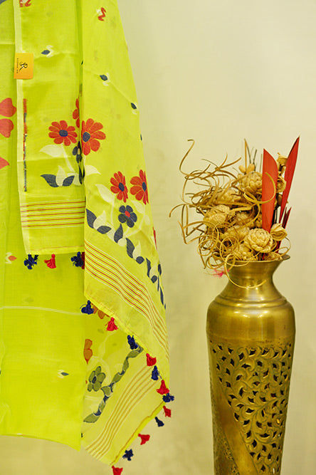 Neon Yellow Jamdani With Flower Embroidery