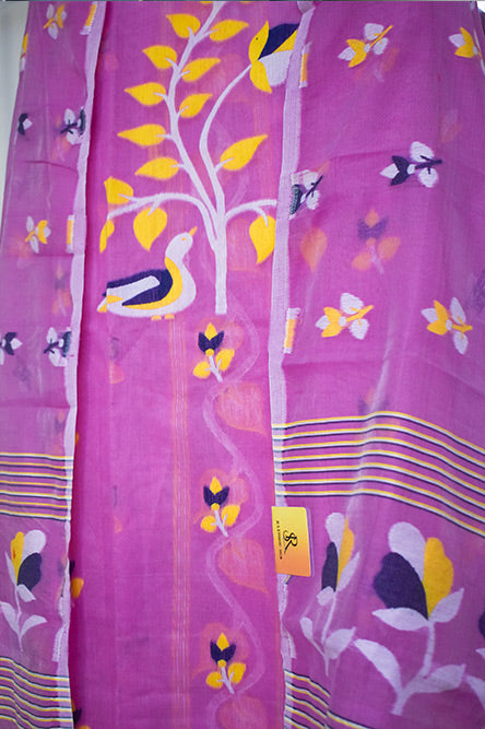 JAMDANI pink jamdani cotton suit with yellow and blue embroidery
