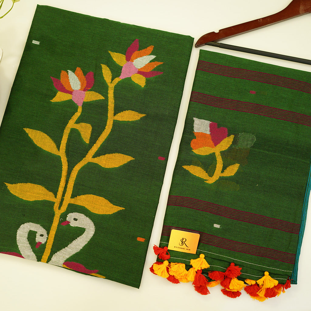 Bottle Green Cotton Jamdani With Flower and Duck Embroidery